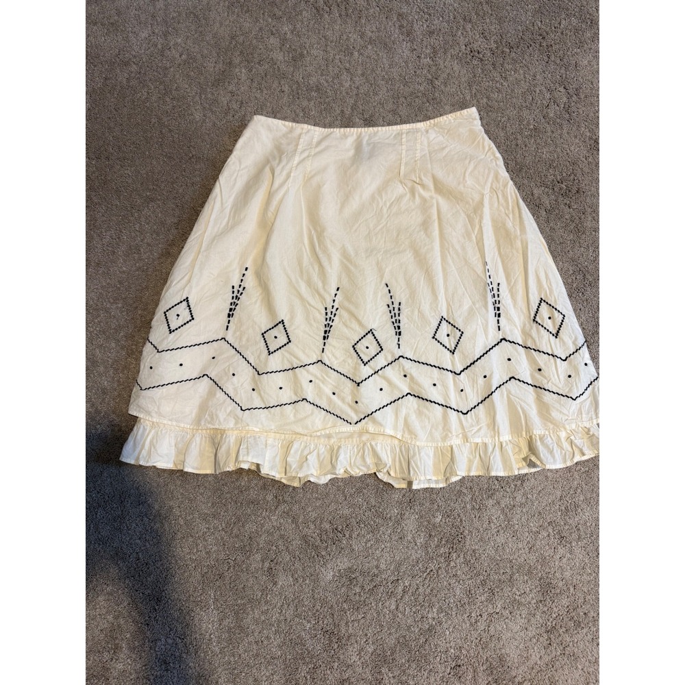 R.Q.T. Women Cream Embroidered Ruffle Hem Midi Skirt Size 16 Boho Cotton